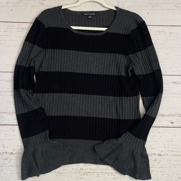Cable & Gauge Ribbed Black and Gray Striped Sweater w/ Bell Sleeves, size XL - Picture 2 of 13